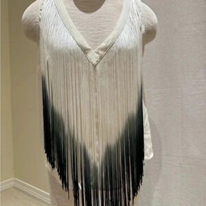 Black and white fringe sleeveless top